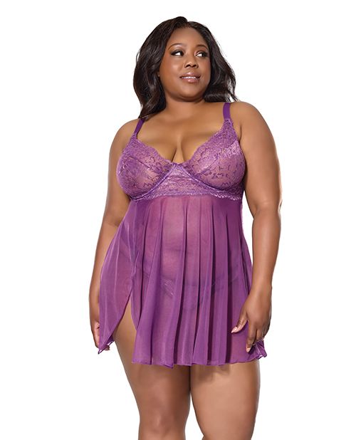 Coquette Metallic Stretch Lace & Mesh Babydoll With Thong