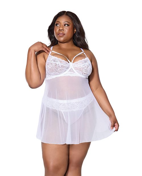 Coquette Scallop Stretch Lace & Mesh Babydoll With Thong