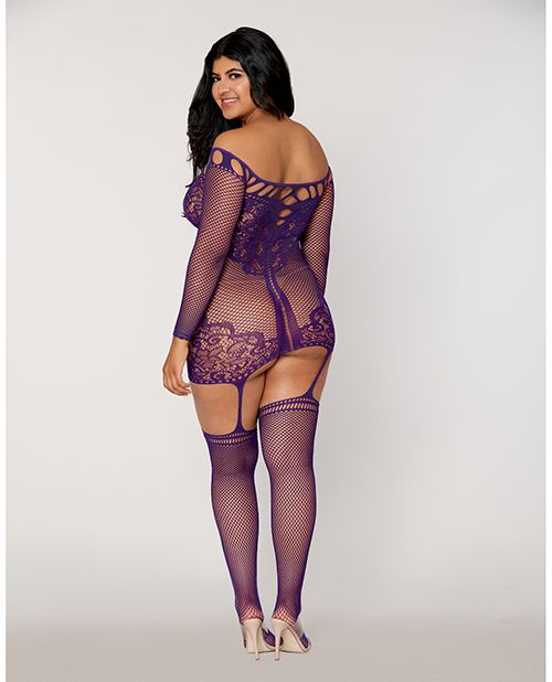 Black Diamond Scalloped Lace and Fishnet Garter Dress With Attached Stockings