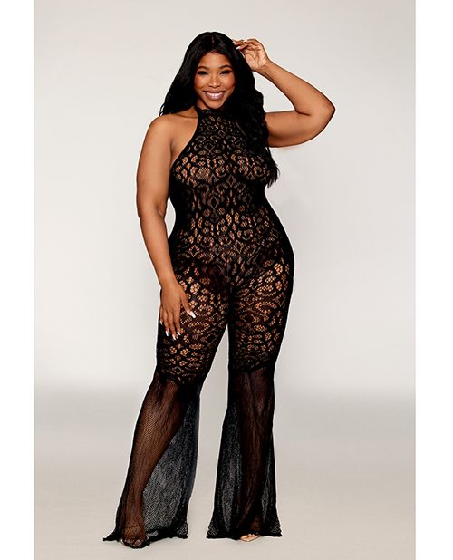 Black Diamond Seamless Crochet Lace Bodystocking With Fishnet Bellbottoms