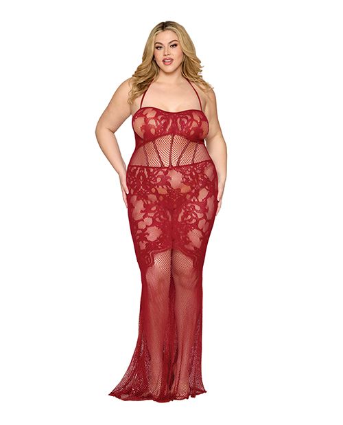 Black Diamond Lace and Mesh Seamless Halter Bodystocking Gown