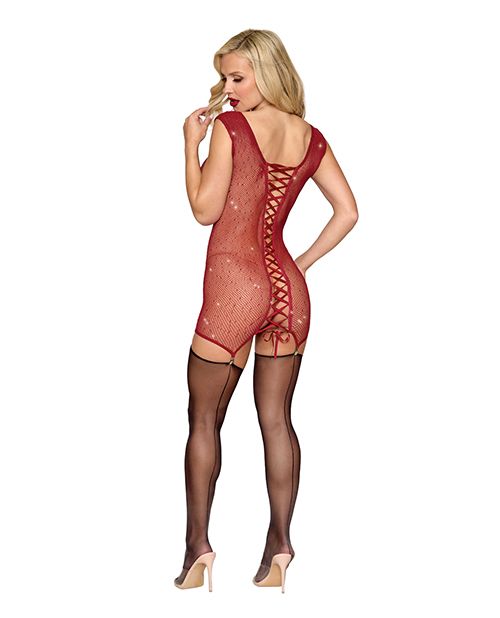 Red Diamond Seamless Chemise With Rhinestone Accents & Mini Suspender Clips