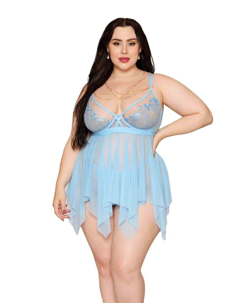 Dreamgirl Floral Embroidered Lace and Stretch Mesh Babydoll With G-String