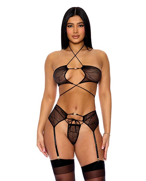 Forplay Pull My Strings Mesh Halterneck Bra With Garter & Panty