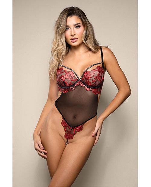 Opulence Embroidered Underwire Open Crotch Teddy With Pearl Detail