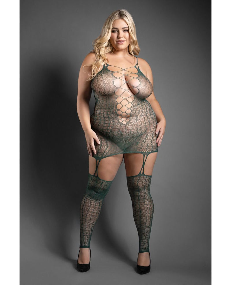 Sheer Fantasy Wild Heart Reptile Print Bodystocking Dress With Stockings