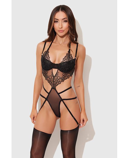 House of Desire Eden Embroidered Lace & Mesh Teddy With Garters